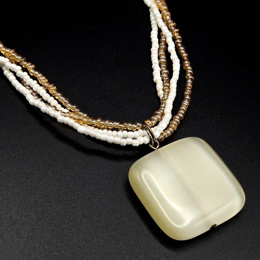 Multistrand Seed Bead Necklace White Champagne Square Cat Eye Glass Pendant